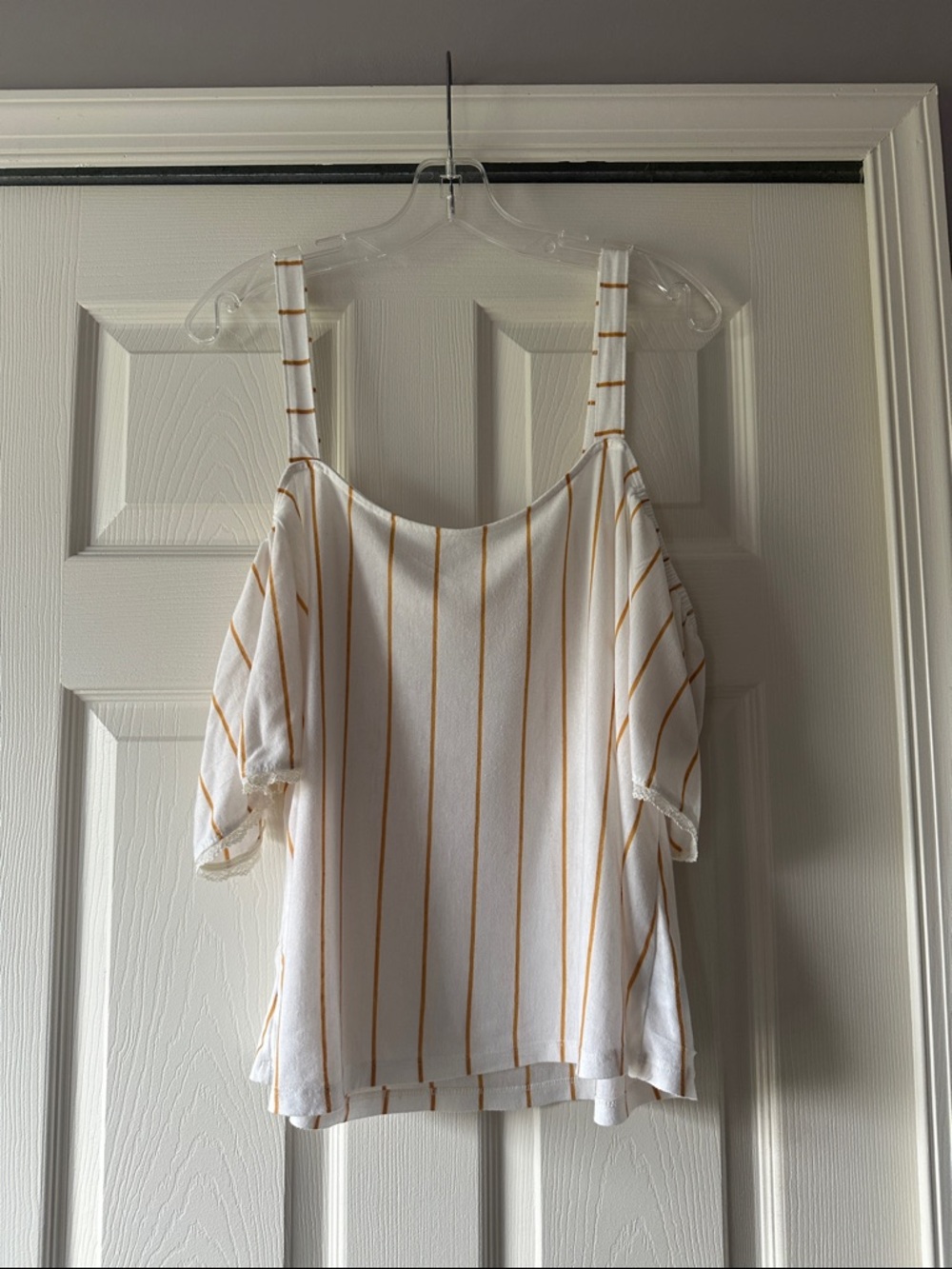 American Eagle Linen Blend Striped Off Shoulder Ruffle Tank Top Blouse